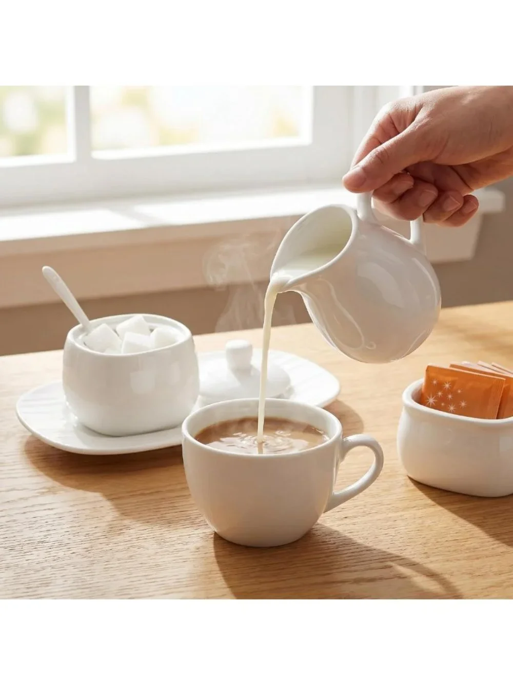 Chic 4-Piece Sugar & Creamer Set - White Ceramic Pitcher, Bowl, Tray & Spoon
